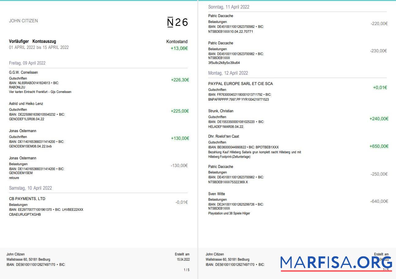Printable Germany N26 bank statement 5 pages download for verification